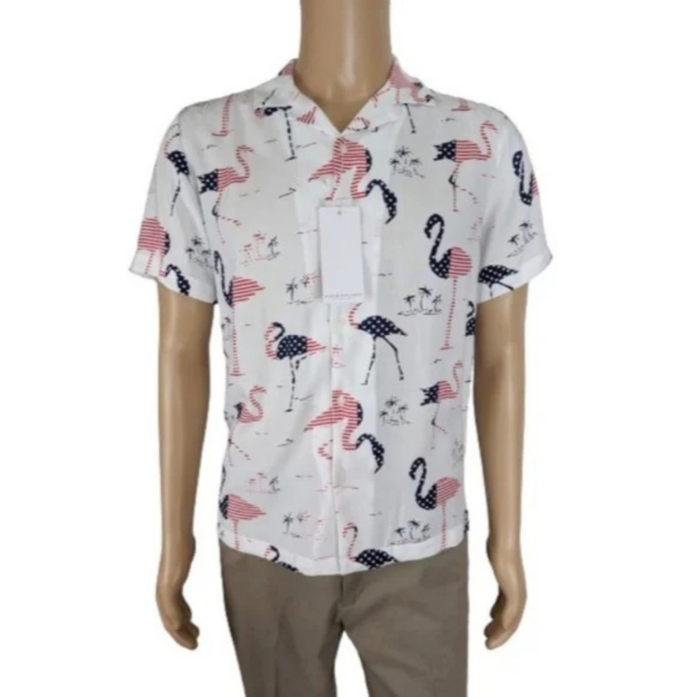 Denim & Flower Beaches of Liberty Flamingo Patriotic Button Down Shirt S